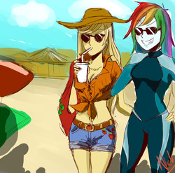 Size: 1012x1000 | Tagged: safe, artist:xxnehnehxx, applejack, rainbow dash, human, g4, beach, clothes, duo, female, humanized, lesbian, ship:appledash, shipping, sunglasses, swimsuit