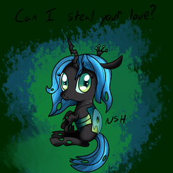 Size: 1500x1500 | Tagged: safe, artist:novaspark, queen chrysalis, changeling, changeling queen, nymph, g4, crown, cute, cutealis, dialogue, fangs, female, jewelry, looking at you, regalia, sitting, smiling, solo, younger