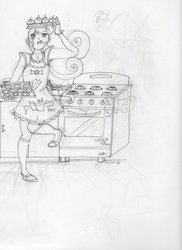 Size: 1024x1409 | Tagged: safe, artist:shaknite, bon bon, sweetie drops, human, g4, apron, clothes, female, humanized, monochrome, solo, stove, traditional art