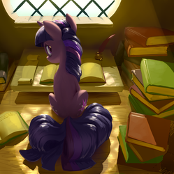 Size: 3316x3326 | Tagged: safe, artist:nadnerbd, twilight sparkle, pony, unicorn, g4, backlighting, book, bookhorse, both cutie marks, detailed background, female, fluffy tail, high res, inkwell, lighting, long tail, looking at you, looking back, looking back at you, mare, quill, rear view, scroll, sitting, slender, solo, tail, thin, unicorn twilight, window