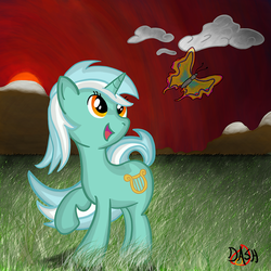 Size: 900x900 | Tagged: safe, artist:dashfire, lyra heartstrings, butterfly, pony, unicorn, g4, female, mare, solo