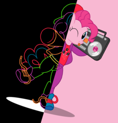 Size: 1111x1161 | Tagged: safe, artist:thelastgherkin, pinkie pie, g4, clothes, female, fetish, hat, shirt, shoes, sneakers, sneakers fetish, solo, stereo, wink
