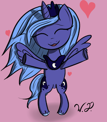 Size: 768x868 | Tagged: safe, artist:winterdominus, princess luna, g4, both cutie marks, eyes closed, female, heart, hug, hug request, s1 luna, solo