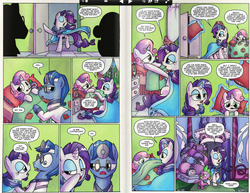 Size: 1158x892 | Tagged: safe, idw, doctor cure heart, rarity, spike, sweetie belle, dragon, earth pony, pony, unicorn, friends forever #13, g4, my little pony: friends forever, spoiler:comic, bags, bed, comic, darling, doctor, female, filly, idw advertisement, luggage, male, mare, pillow, plushie, preview, rarity being rarity, spike plushie, stallion, sweat, thermometer