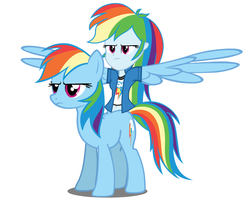 Size: 914x739 | Tagged: artist needed, safe, rainbow dash, humalos, original species, equestria girls, g4, belly button, conjoined, human ponidox, midriff, rainbow dash is not amused, simple background, this isn't even my final form, we have become one, white background, wing arms