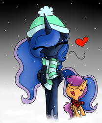 Size: 1600x1920 | Tagged: safe, artist:yourfavoritelove, princess luna, scootaloo, g4, clothes, eyes closed, hat, heart, scarf, scootalove, smiling, snow, snowfall