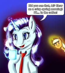 Size: 2382x2682 | Tagged: safe, artist:hitelf, applejack, rarity, g4, coffee, deadly premonition, high res, magic, necktie, telekinesis