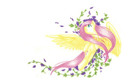 Size: 1280x841 | Tagged: safe, artist:flutterluv, fluttershy, g4, female, flower, flying, solo, traditional art, windswept mane