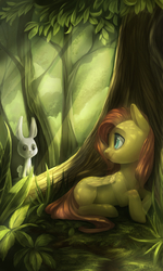 Size: 3000x5000 | Tagged: safe, artist:shedence, angel bunny, fluttershy, g4, forest, high res, prone