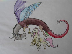 Size: 4608x3456 | Tagged: safe, artist:sofia-the-dreamer, discord, fluttershy, g4, duo, eye contact, flying, looking at each other, profile, spread wings, traditional art