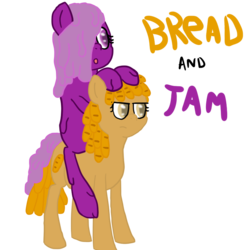 Size: 800x800 | Tagged: safe, artist:teb, food pony, goo pony, original species, :o, baguette, bread, cute, duo, duo female, female, food, frown, funny, gem, jam, jelly, melting, ponies riding ponies, riding, unamused