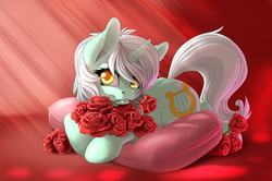 Size: 1354x900 | Tagged: safe, artist:pusspuss, lyra heartstrings, pony, unicorn, female, flower, flower in mouth, looking at you, mare, mouth hold, pillow, prone, rose, rose in mouth, solo