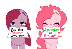 Size: 1000x685 | Tagged: safe, artist:joyfulinsanity, pinkie pie, earth pony, pony, g4, duality, mouth hold, pinkamena diane pie, positive ponies, self ponidox, sign, simple background, white background