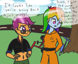 Size: 3000x2500 | Tagged: safe, artist:ytsejam58, rainbow dash, scootaloo, equestria girls, g4, belly button, clothes, cuffs, high res, jumpsuit, midriff, prison outfit, prisoner rd, road, scooter, tree