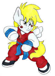 Size: 1789x2473 | Tagged: safe, artist:blackbewhite2k7, derpy hooves, pony, g4, bipedal, dragon ball, female, fighting stance, filly, marker drawing, simple background, solo, son goku, traditional art, white background, younger