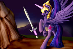 Size: 1280x853 | Tagged: safe, artist:xormak, twilight sparkle, alicorn, pony, g4, female, helmet, mare, realistic, solo, sword, twilight sparkle (alicorn), underhoof