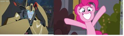 Size: 1492x436 | Tagged: safe, pinkie pie, g4, bumblebee (transformers), irrational exuberance, smiling, transformers, transformers robots in disguise (2015)