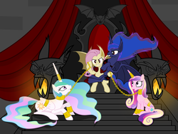 Size: 6000x4500 | Tagged: safe, artist:magister39, fluttershy, princess cadance, princess celestia, princess luna, alicorn, bat pony, pony, vampire fruit bat, g4, absurd resolution, badass, bat ponified, bondage, bound wings, chains, collar, concave belly, cuffs, female, femdom, femsub, flutterbadass, flutterbat, flutterdom, fluttershy gets all the mares, grin, gritted teeth, harem, horn, horn ring, leash, lesbian, lunabat, lunasub, magic suppression, mare, moonbat, open mouth, prone, race swap, ship:lunashy, shipping, simple background, sitting, slave, slender, smiling, spread wings, subdance, sublestia, submissive, thin, throne, vector, wide eyes