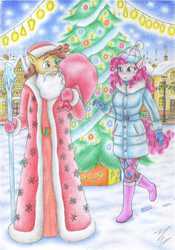 Size: 2451x3494 | Tagged: safe, artist:sinaherib, cheese sandwich, pinkie pie, anthro, g4, christmas tree, clothes, ded moroz, female, high res, lantern, male, russian, santa costume, ship:cheesepie, shipping, straight, traditional art, tree, winter