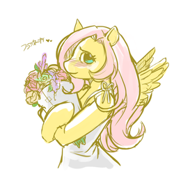 Size: 800x800 | Tagged: safe, artist:onikama, fluttershy, anthro, g4, arm hooves, blushing, bouquet, clothes, dress, female, flower, japanese, solo