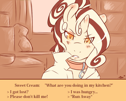 Size: 875x700 | Tagged: safe, artist:mlpfwb, oc, oc only, oc:sweet cream, pony, unicorn, dating sim, dialogue box, female, mare, offscreen character, solo, text