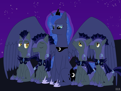 Size: 3968x2976 | Tagged: safe, artist:tyto4tme4l, echo (g4), nocturn, princess luna, bat pony, pony, g4, armor, echo and nocturn, harem, high res, hug, implied shipping, night, night guard, spread wings, winghug