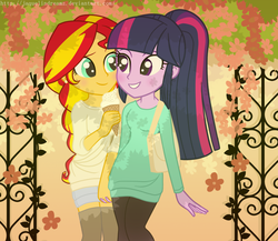 Size: 1104x960 | Tagged: dead source, source needed, safe, artist:jaquelindreamz, sunset shimmer, twilight sparkle, equestria girls, g4, alternate hairstyle, braid, clothes, female, holding hands, ice cream, lesbian, pants, ponytail, ship:sunsetsparkle, shipping, socks, thigh highs, twilight sparkle (alicorn)