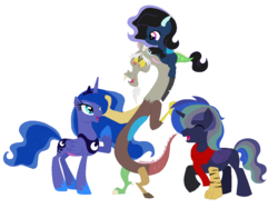 Size: 1224x916 | Tagged: safe, artist:unoriginai, discord, princess luna, oc, alicorn, chimera, draconequus, hybrid, pony, g4, crack shipping, cute, discute, eyes closed, family, filly, interspecies offspring, male, offspring, open mouth, parent:discord, parent:princess luna, parents:lunacord, pony hat, pregnant, raised hoof, riding, ship:lunacord, shipping, simple background, smiling, stallion, straight, white background