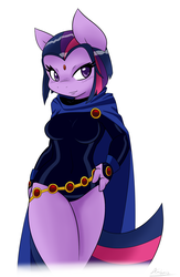 Size: 1222x1877 | Tagged: safe, artist:ambris, twilight sparkle, anthro, g4, cosplay, female, missing horn, multiple variants, raven (dc comics), simple background, solo, tara strong, twiraven, voice actor joke, white background