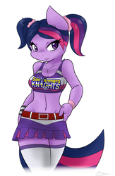 Size: 1222x1877 | Tagged: safe, artist:ambris, twilight sparkle, anthro, g4, belly button, cheerleader, clothes, cosplay, female, juliet starling, lollipop chainsaw, midriff, missing horn, multiple variants, pigtails, skirt, solo, tara strong, thigh highs, voice actor joke, zettai ryouiki