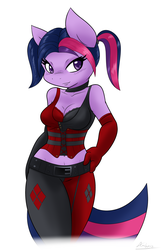 Size: 1222x1877 | Tagged: safe, artist:ambris, twilight sparkle, anthro, g4, belly button, cleavage, clothes, cosplay, costume, dc comics, female, harley quinn, midriff, missing horn, multiple variants, solo, tara strong, twiley quinn, voice actor joke