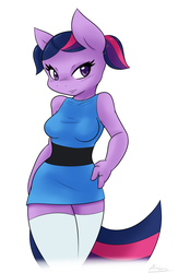 Size: 1222x1877 | Tagged: safe, artist:ambris, twilight sparkle, anthro, g4, bubbles (powerpuff girls), clothes, cosplay, dress, female, missing horn, multiple variants, solo, tara strong, the powerpuff girls, voice actor joke