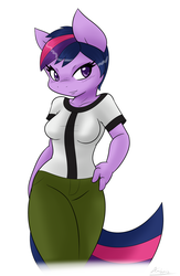 Size: 1222x1877 | Tagged: safe, artist:ambris, twilight sparkle, anthro, g4, ben 10, ben tennyson, cosplay, female, missing horn, multiple variants, pixie cut, solo, tara strong, voice actor joke