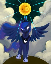 Size: 800x1000 | Tagged: safe, artist:brownwolffm, princess luna, pony, g4, cloud, cloudy, doge, dogecoin, female, glowing eyes, meme, smiling, solo, spread wings