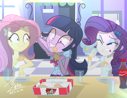 Size: 1100x849 | Tagged: safe, artist:bluse, fluttershy, rarity, scootaloo, twilight sparkle, equestria girls, g4, bloodshot eyes, coca-cola, eating, female, fried chicken, kfc, messy eating, omnivore twilight, ponies eating meat, product placement, scootachicken, show accurate, trio, twilight slobble, twilight snapple, twilight sparkle (alicorn), twipred