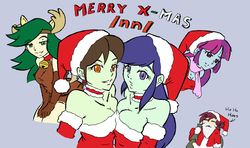 Size: 1481x874 | Tagged: safe, artist:nayaasebeleguii, blueberry cake, mystery mint, normal norman, sophisticata, sweet leaf, equestria girls, g4, /mlp/, amy hearstruck, amy heartstruck, background human, christmas, clothes, colored, mary donna, naomi nobody, normalcake, santa costume, simple background, sophie sophisticata, symmetrical docking