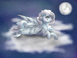 Size: 1024x768 | Tagged: safe, artist:dewdrop-210, oc, oc only, oc:snowdrop, cloud, looking at you, moon, older, older snowdrop