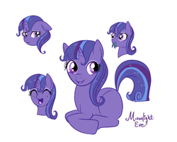 Size: 560x450 | Tagged: safe, artist:lulubell, oc, oc only, oc:moonlight eve, blank flank, cute, eating, expressions, magical lesbian spawn, next generation, offspring, parent:princess luna, parent:twilight sparkle, parents:twiluna, simple background, solo, starry mane, white background