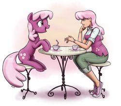 Size: 1148x1000 | Tagged: safe, artist:king-kakapo, cheerilee, earth pony, human, pony, g4, chair, chest fluff, clothes, cup, female, human ponidox, humanized, looking at each other, mare, open mouth, self ponidox, sitting, smiling, sneakers, straw, table, talking, unshorn fetlocks