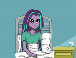 Size: 1024x781 | Tagged: safe, artist:bycosa, aria blaze, g4, alternate hairstyle, bandage, bed, fanfic, fanfic art, glass of water, hospital, hospital gown, the evening sonata