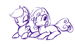 Size: 1280x768 | Tagged: safe, artist:florecentmoo, scootaloo, sweetie belle, g4, missing horn, monochrome, sketch