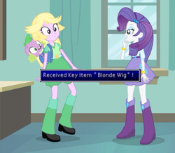 Size: 684x596 | Tagged: safe, edit, edited screencap, screencap, rarity, spike, twilight sparkle, dog, equestria girls, g4, blonde, faic, final fantasy, final fantasy vii, instant cosplay surprise, spike the dog, twilight strong, wig