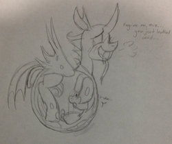 Size: 1024x862 | Tagged: safe, artist:keylimejerk, fluttershy, oc, oc:lovebug, changeling, pony, g4, belly, big belly, fetish, flutterprey, internal, monochrome, tongue out, traditional art, vore, x-ray