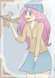 Size: 900x1273 | Tagged: safe, artist:vogelchan, fluttershy, bird, human, g4, female, humanized, solo, winter