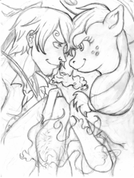 Size: 906x1200 | Tagged: safe, artist:irie-mangastudios, applejack, earth pony, anthro, g4, crossover, diable jambe, fire, monochrome, one piece, pencil drawing, traditional art, vinsmoke sanji