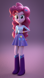 Size: 1080x1920 | Tagged: safe, artist:creatorofpony, pinkie pie, rarity, human, series:humane 6 in rarity's clothes, equestria girls, g4, 3d, 3d model, boots, boots swap, bracelet, clothes, clothes swap, female, jewelry, rarity's belt, rarity's clothes, rarity's purple boots, rarity's shirt, rarity's skirt, skirt, solo