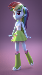 Size: 810x1440 | Tagged: safe, artist:creatorofpony, fluttershy, rainbow dash, series:humane six in fluttershy's clothes, equestria girls, g4, 3d, 3d model, blender, boots, clothes, clothes swap, female, fluttershy's boots, fluttershy's clothes, fluttershy's skirt, fluttershy's socks, hairclip, skirt, solo, tank top, teenager
