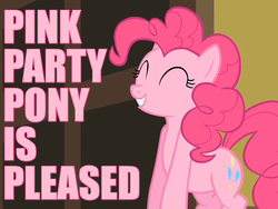 Size: 800x600 | Tagged: safe, screencap, pinkie pie, baby cakes, g4, alliteration, caption, eyes closed, female, grin, happy, image macro, pink text, pleased, reaction image, smiling, solo