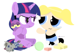 Size: 920x640 | Tagged: safe, artist:dm29, smarty pants, twilight sparkle, pony, unicorn, g4, angry, ball, blocks, bubbles (powerpuff girls), crossover, crying, cute, duo, female, filly, filly twilight sparkle, kindergarten, madorable, mine!, octi, out of character, plushie, simple background, tara strong, the powerpuff girls, this will end in tears, toy, transparent background, twiabetes, unicorn twilight, voice actor joke