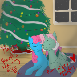 Size: 500x500 | Tagged: safe, artist:kourabiedes, fizzy, wind whistler, ask fizzy, g1, ask, christmas, christmas tree, eyes closed, female, heart, hearth's warming eve, lesbian, ship:whistlepop, shipping, tree, tumblr